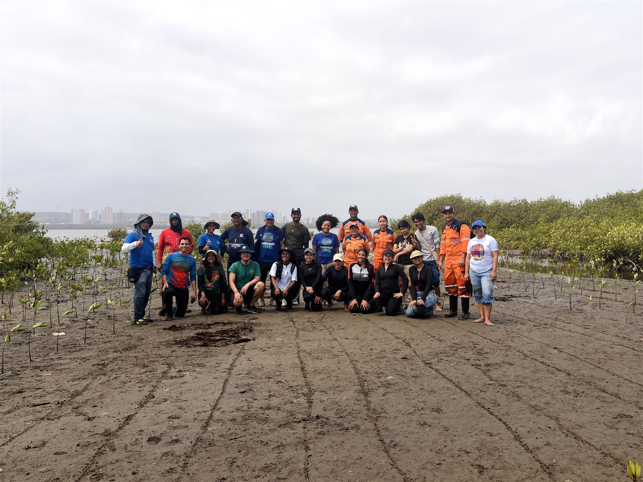 The restoration team gathered in the mangrove planting field